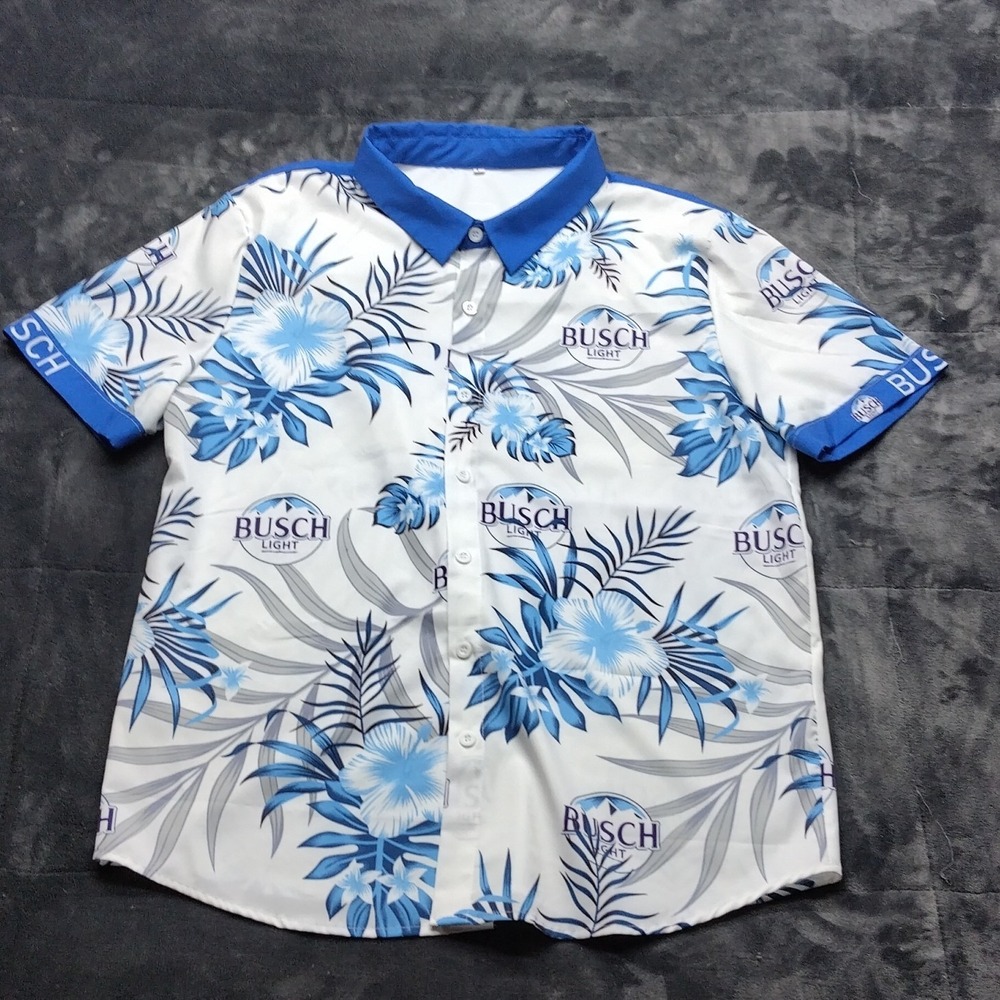 Busch Light Hawaiian Camp Shirt Men L Button Up Short Sleeve Tropical